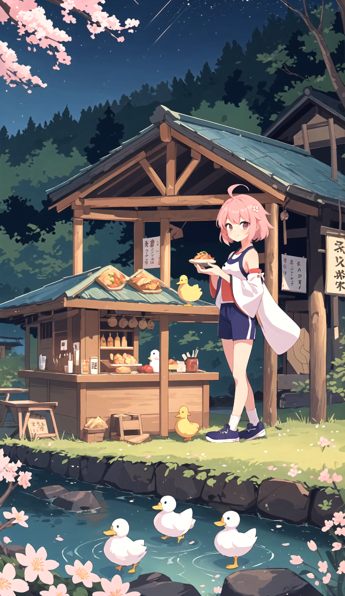 00715-3827252787-(masterpiece,best quality,highres,colorful,1girl,solo),(izakaya,hut,sakura,town,city,village,night,nature,forest,stream,chicken,.png